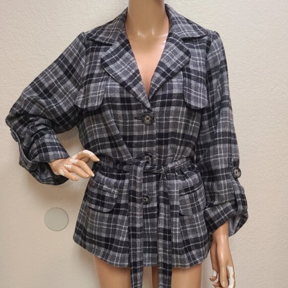 XCVI WOOL BLEND PLAID BELTED TRENCH COAT LOGO BUTTONS ROLL-TAB SLEEVES sz L - Picture 1 of 8